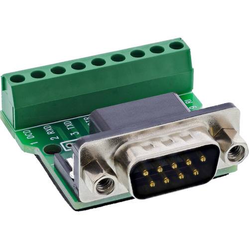 Ein grüner Terminalblockadapter mit einem 9-poligen männlichen RS-232-Stecker, verwendet für serielle Kommunikation, aus einer abgewinkelten Ansicht gezeigt.