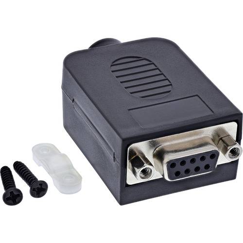 Ein schwarzer Kunststoff-DB9-Stecker mit neun Metallstiften, entwickelt für elektronische Verbindungen. Zwei Schrauben und eine weiße Kabelbinder sind im Lieferumfang enthalten.