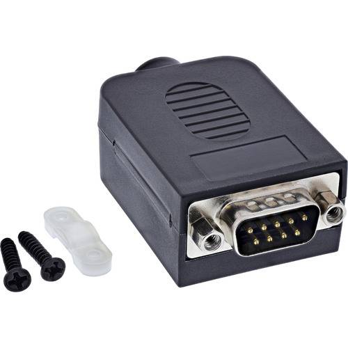 Ein schwarzer 9-poliger D-Sub-Stecker mit Schrauben und einer kleinen transparenten Abdeckung daneben, verwendet zum Anschluss von seriellen Geräten.