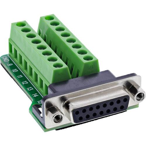 Ein DB9-Buchsenadapter mit grünen Anschlussblöcken zum Verdrahten.