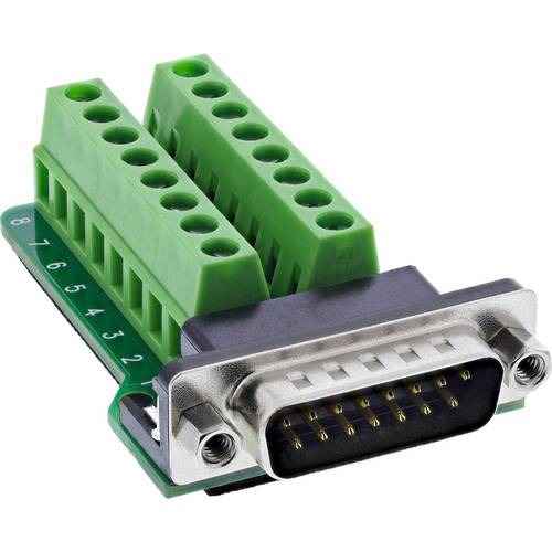 Ein grüner Terminalblock-Stecker mit acht nummerierten Anschlüssen und einem Metall-9-Pin-Adapter, verwendet zur Verbindung von elektrischen Geräten.