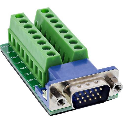 Ein blauer VGA-Anschluss mit grünen Schraubanschlüssen für Verdrahtung, der häufig zum Anschluss von Hardware-Schnittstellen in elektronischen Projekten verwendet wird.