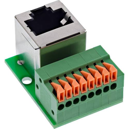 Ein kleiner, grüner und metallener Netzwerkadapter mit mehreren orangen Anschlüssen, der wahrscheinlich zum Verbinden von Kabeln in elektronischen Geräten verwendet wird.