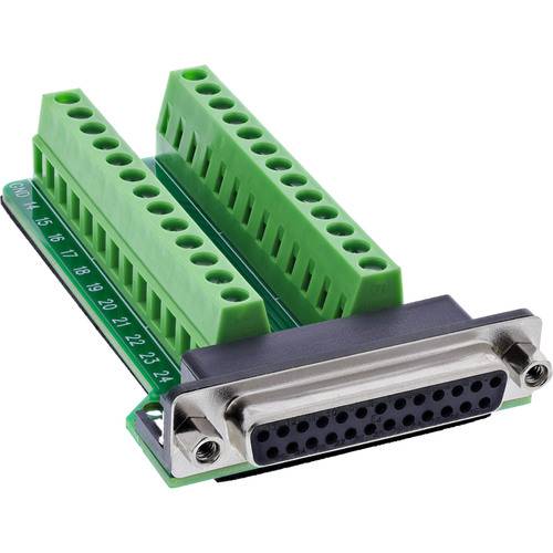 DB25-Terminaladapter mit grünen Schraubklemmen, der zum Anschluss von Drähten an einen 25-poligen Steckverbinder für elektronische Projekte verwendet wird.