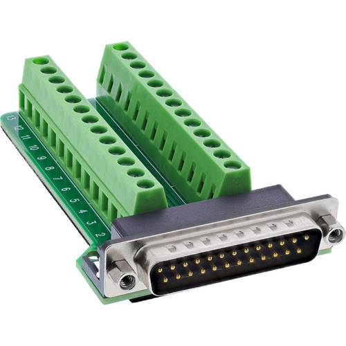 Ein grüner Terminalblocksadapter mit nummerierten Schraubanschlüssen ist an einen 25-poligen Steckverbinder angeschlossen, der für elektronische Schnittstellen verwendet wird.
