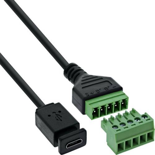 USB-C zu Terminalblock-Adapterkabel mit einem USB-C-Anschluss an einem Ende und einem grünen Schraubklemmenblock am anderen Ende.