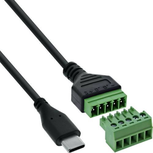 USB-C zu Schraubklemmenleiste-Adapterkabel mit einem schwarzen USB-C-Stecker an einem Ende und einem grünen Schraubklemmenblock mit beschrifteten Anschlüssen am anderen Ende.
