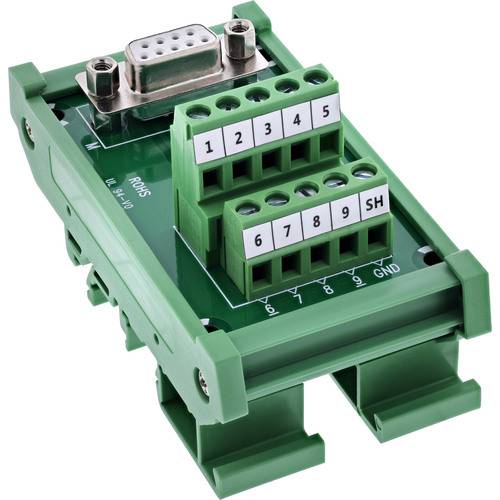 Grüner Anschlussblockadapter mit 9-poligem Steckverbinder, beschriftet von 1 bis 9 und mit GND-, SH-Anschlüssen. Entwickelt für sichere Drahtverbindungen in der Elektronik.