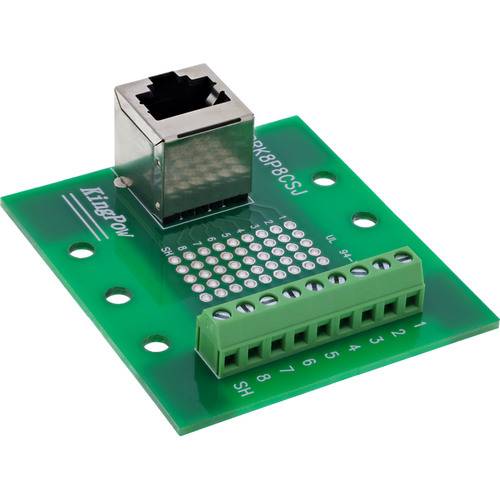 Eine grüne Leiterplatte mit einer metallischen RJ45-Buchse und mehreren grünen Anschlussblöcken für elektrische Verbindungen. Bezeichnet als 'TycoElec'.