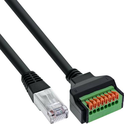 Ein Ethernet-Kabel mit einem RJ45-Stecker auf der einen Seite und einem grünen Anschlussblock mit orangefarbenen Einsätzen auf der anderen Seite, für Datennetzwerkverbindungen.