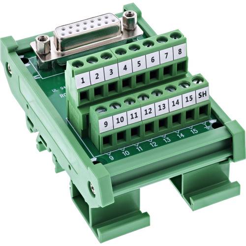 Ein grüner Terminal-Block-Adapter mit beschrifteten Schraubklemmen, nummeriert von 1 bis 15 und SH, zum Anschluss elektronischer Komponenten.