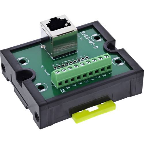Ethernet-Breakout-Board RJ45-H-10. Ein kompaktes Modul mit einem RJ45-Anschluss und Schraubklemmen zur Verbindung und Schnittstelle von Ethernet-Kabeln.
