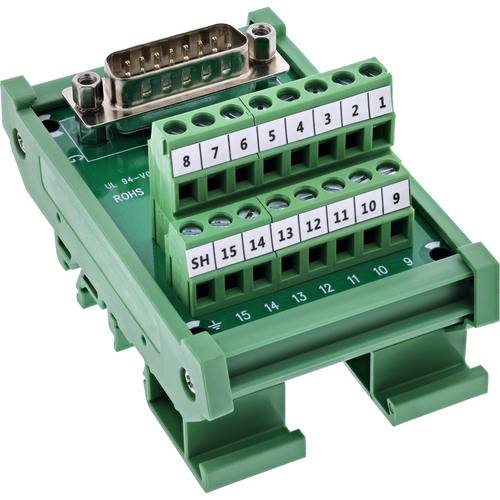 Ein grüner Anschlussblock mit nummerierten Anschlusspunkten und einem DB9-Stecker oben, der zum Verdrahten und Vereinfachen elektrischer Verbindungen verwendet wird.