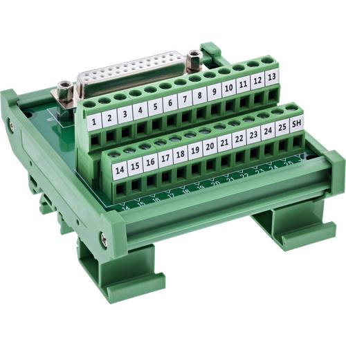 Grüner Anschlussblock mit 25 nummerierten Anschlusspunkten, der für das Verdrahten und die Schaltungsintegration in elektronischen Systemen verwendet wird.