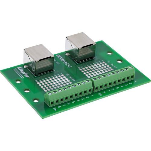 Eine grüne Leiterplatte mit mehreren Stiften und zwei silbernen Steckverbindern, beschriftet mit „BRK18PD-TGS-L