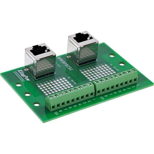 Eine grüne elektronische Leiterplatte mit zwei Ethernet-Anschlüssen und mehreren Anschlußpunkten für verschiedene elektronische Komponenten.