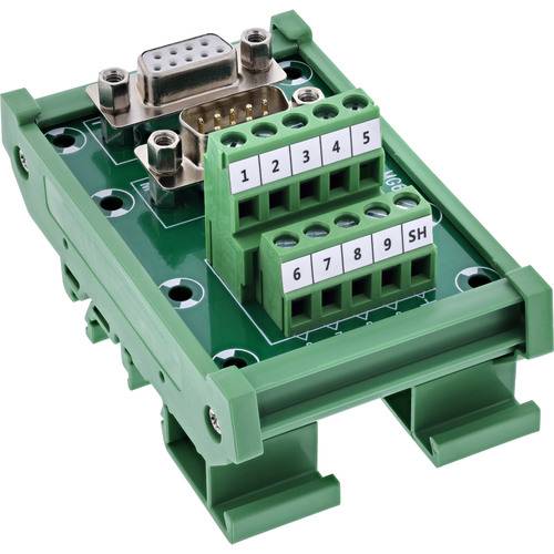 Ein grüner Klemmleisten-Adapter mit einem 9-poligen Stecker oben und beschrifteten Schraubklemmen für Drahtverbindungen, verwendet in der Elektronik.