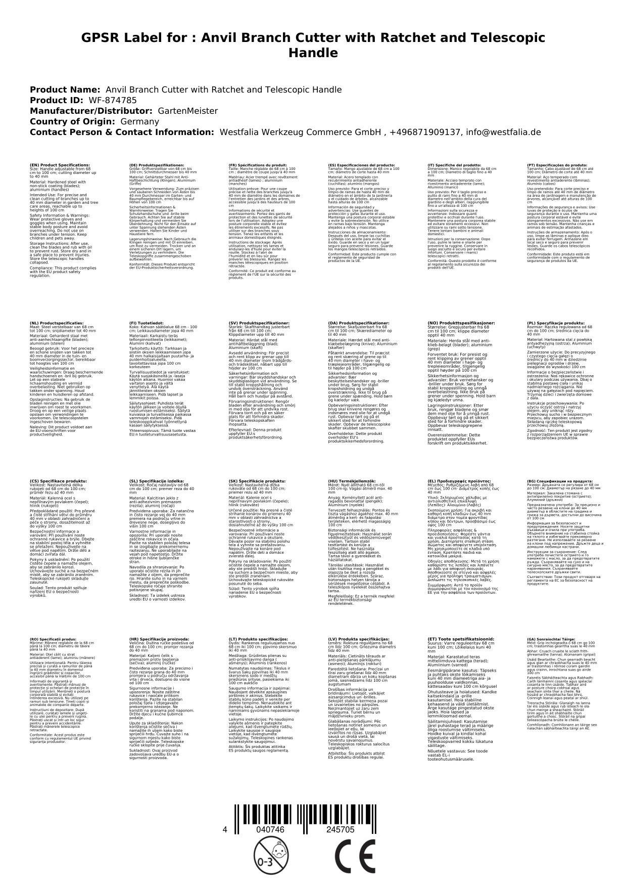 Eine Tabelle mit mehreren Produktcodes, Beschreibungen, Kontaktangaben und technischen Spezifikationen der Westfalia Werkzeug Company.