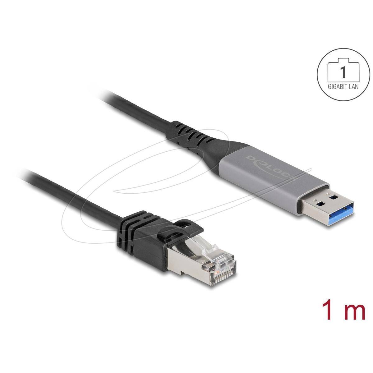 Ein USB-zu-Ethernet-Adapter mit einem schwarzen Kabel, mit einem USB-3.0-Stecker auf der einen Seite und einem Ethernet-Anschluss auf der anderen. Der Text lautet „Gigabit LAN