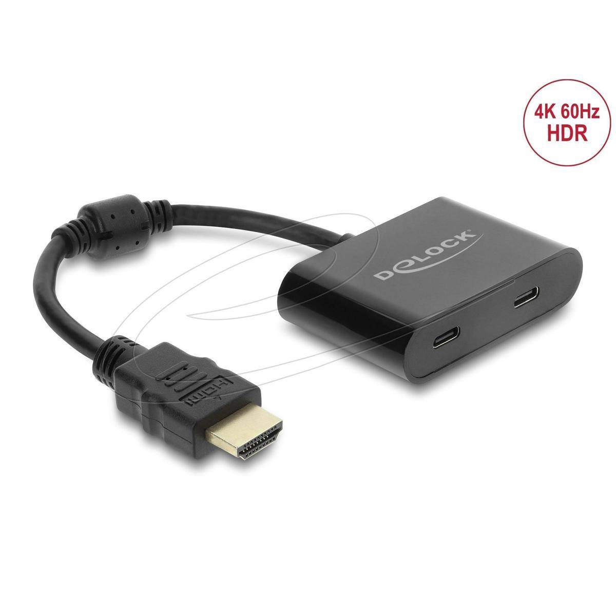 Ein schwarzer HDMI zu USB-C Adapter von Delock, ausgestattet mit zwei USB-C-Anschlüssen und einem HDMI-Anschluss. Text liest sich '4K 60Hz HDR'.
