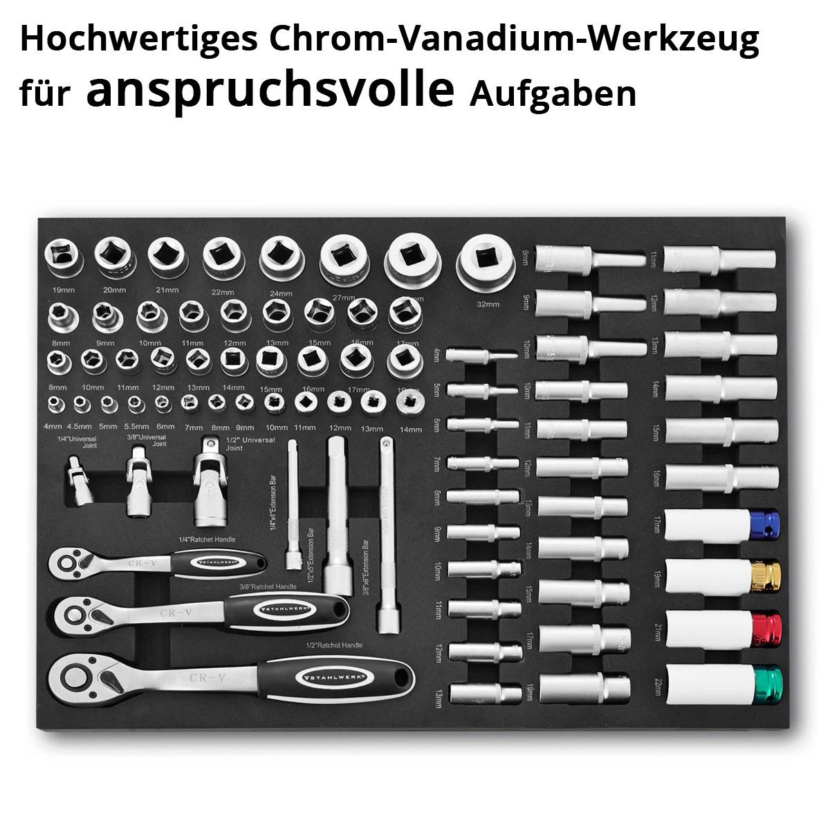Hochwertiges Chrom-Vanadium-Werkzeugset für anspruchsvolle Aufgaben. Das Bild zeigt eine umfassende Auswahl an Steckschlüsseln, Knarren und Verlängerungen.