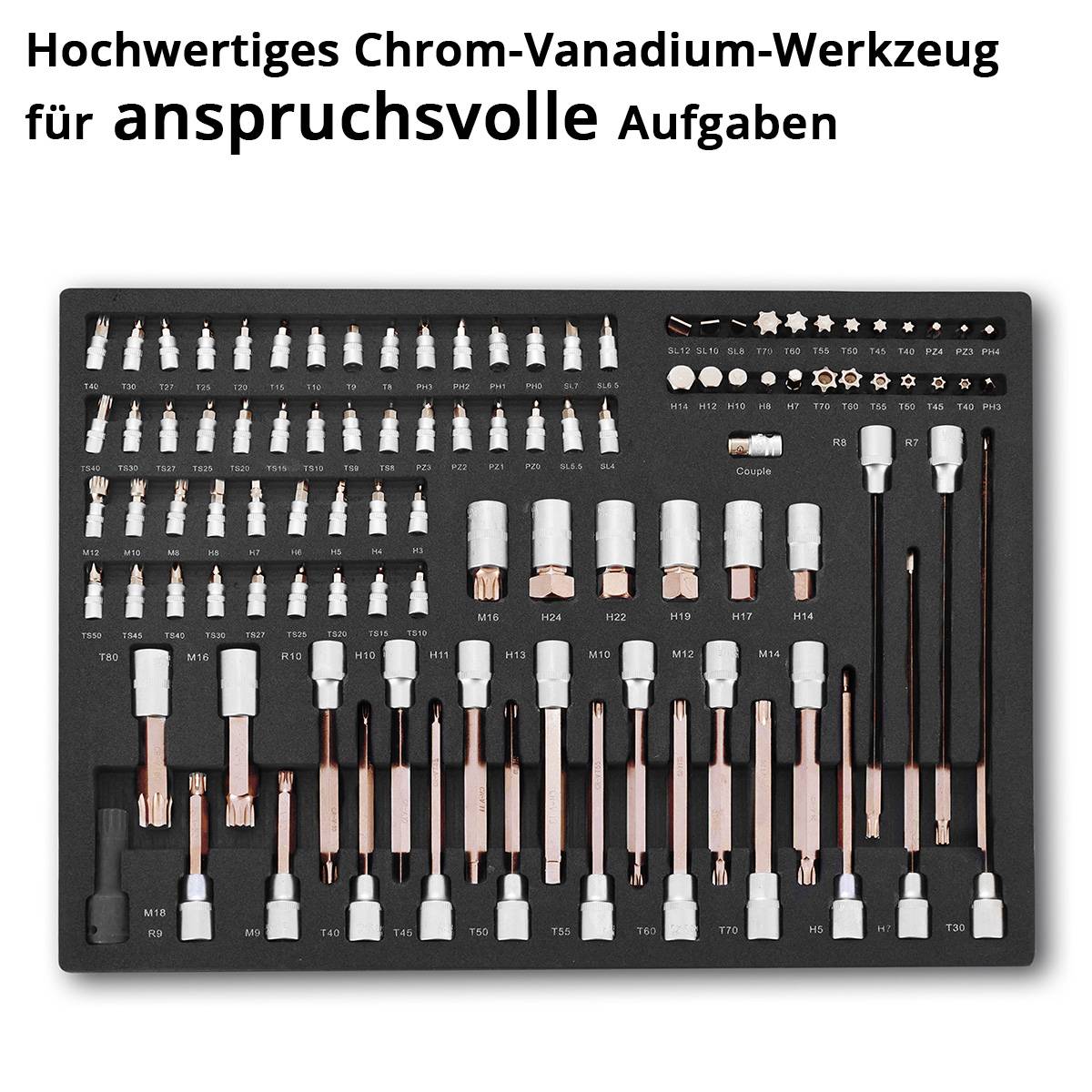 Ein umfassendes Set aus Chrom-Vanadium-Werkzeugen für anspruchsvolle Aufgaben, bestehend aus verschiedenen Steckschlüsseln, Bits und Verlängerungen, in einem Tablett organisiert.