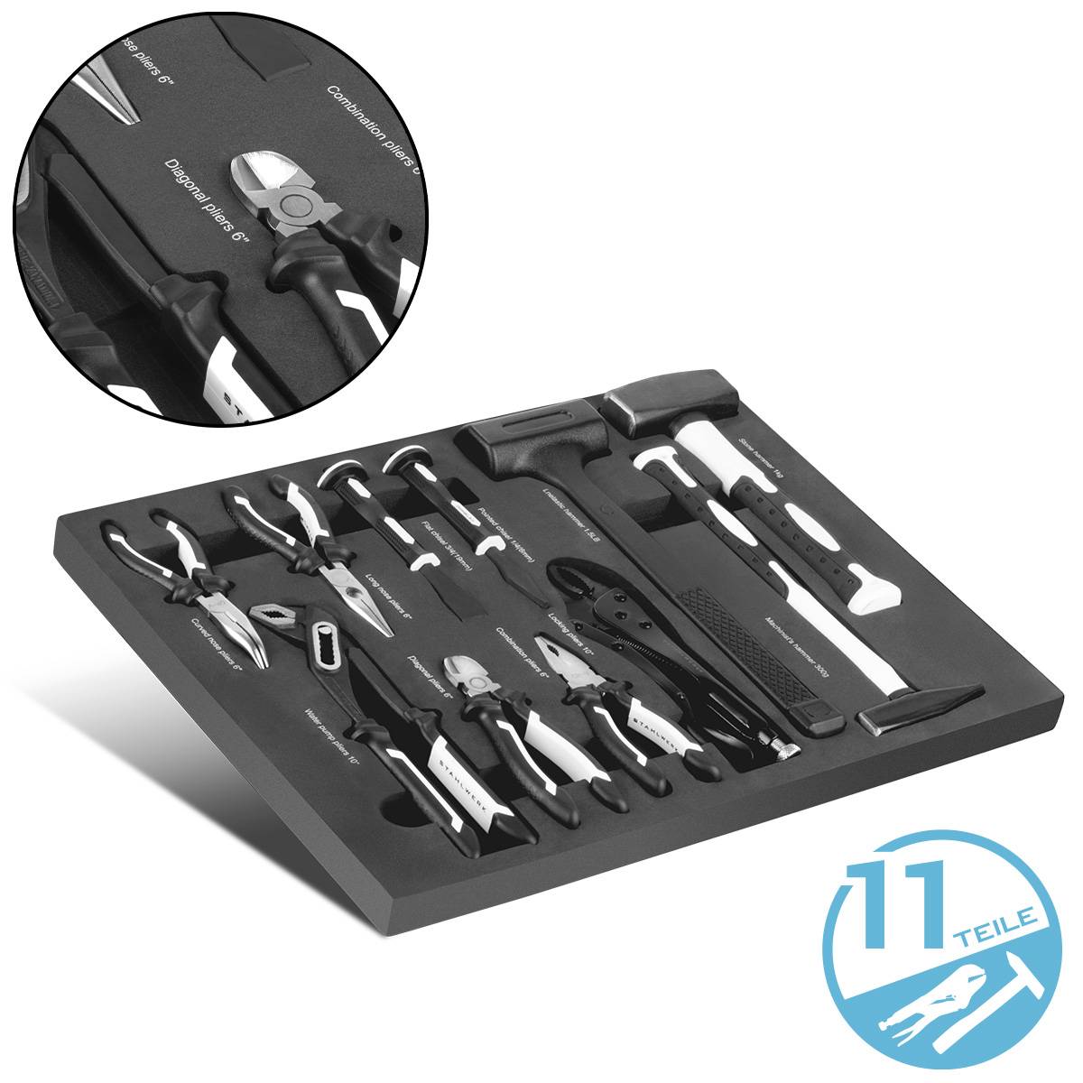 Ein schwarzes Schaumstoff-Werkzeugablage hält 11 Werkzeuge, darunter Zangen, Schraubendreher, einen Hammer und eine Feile, mit einem kreisförmigen Ausschnitt, der Details zeigt.