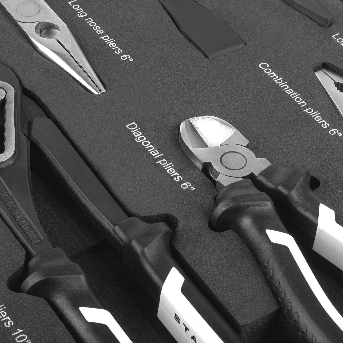 Ein Satz von vier Zangen mit schwarzen Griffen, bestehend aus Seitenschneider, Langzange, und Kombizange, in einer Schaumstoff-Werkzeugeinlage angeordnet.