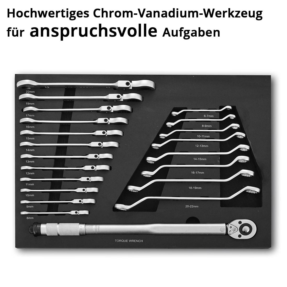 Drehmomentschlüssel mit verschiedenen Chrom-Vanadium-Schlüsselgrößen von 8 mm bis 22 mm, ordentlich in einem Koffer angeordnet.