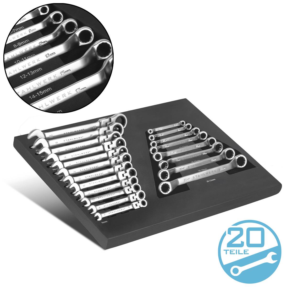 Ein Satz von 20 Schraubenschlüsseln unterschiedlicher Größen, ordentlich in einem Tablett angeordnet. Eine vergrößerte Ansicht zeigt die Größenmarkierungen auf dem Griff eines Schraubenschlüssels.