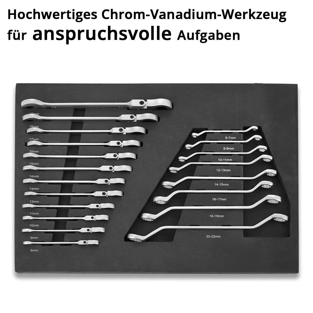 Ein Satz Chrom-Vanadium-Schraubenschlüssel auf einem schwarzen Schaumstoff-Organizer, mit dem deutschen Etikett 