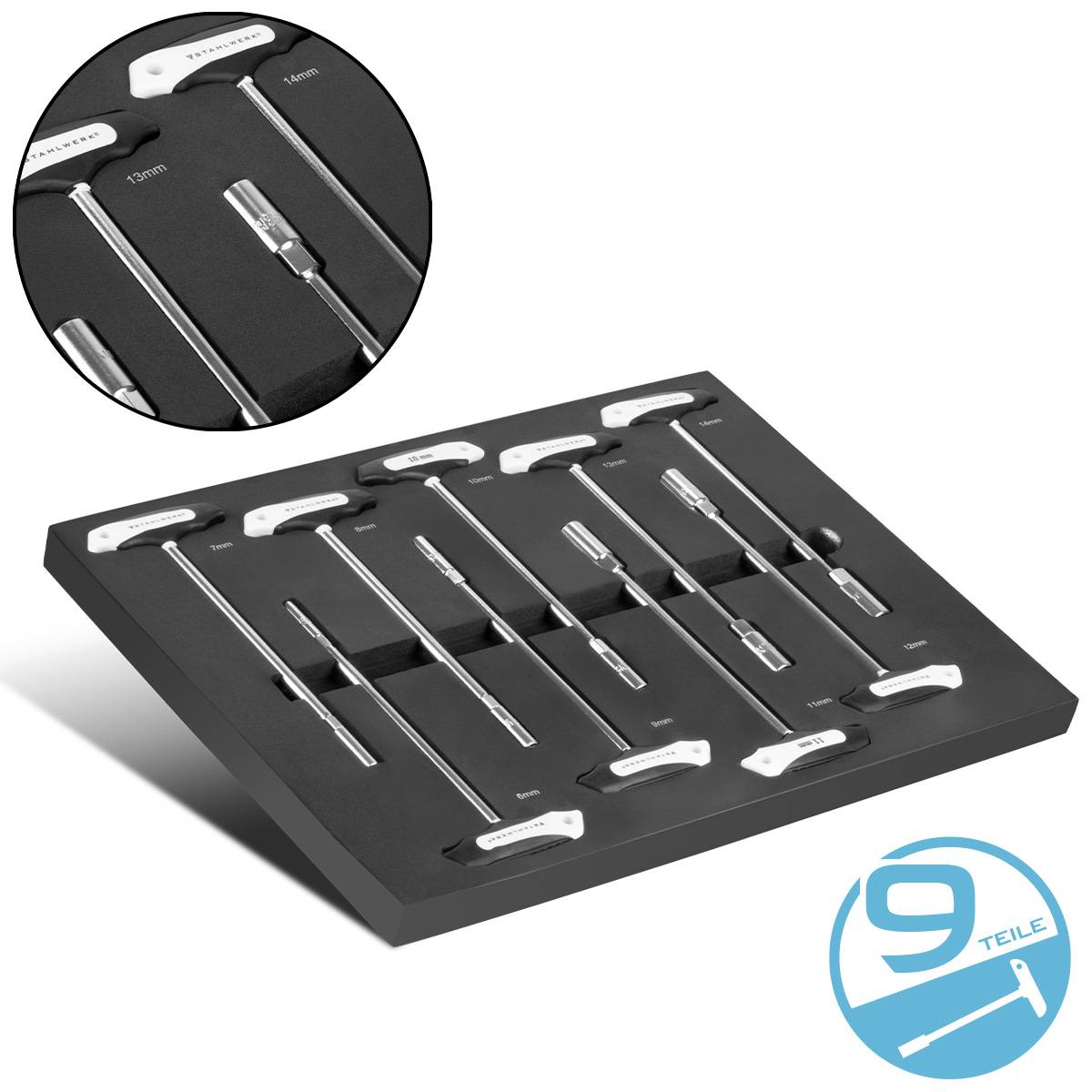 Satz von neun T-Griff-Inbusschlüsseln in einem schwarzen Tablett, mit Größenangaben von 2 mm bis 10 mm beschriftet, der eine organisierte Werkzeuganordnung zeigt.