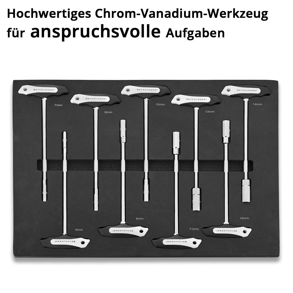 Ein Satz hochwertige Chrom-Vanadium-Sechskantschlüssel in verschiedenen Größen, beschriftet von 7 mm bis 19 mm, geeignet für anspruchsvolle Aufgaben.
