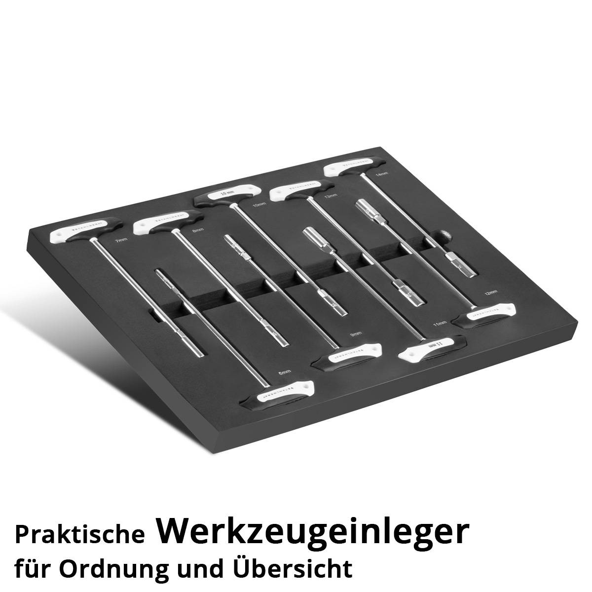Schwarzer Werkzeugorganizer mit weißen Werkzeugumrissen für optimierte Aufbewahrung. Text lautet: Praktische Werkzeugeinleger für Ordnung und Übersicht.