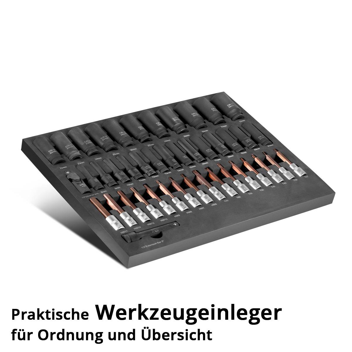 Praktische Werkzeugeinleger für Ordnung und Übersicht' zeigt eine organisierte Reihe von Werkzeughaltern und unterstreicht Ordnung und leichte Zugänglichkeit.