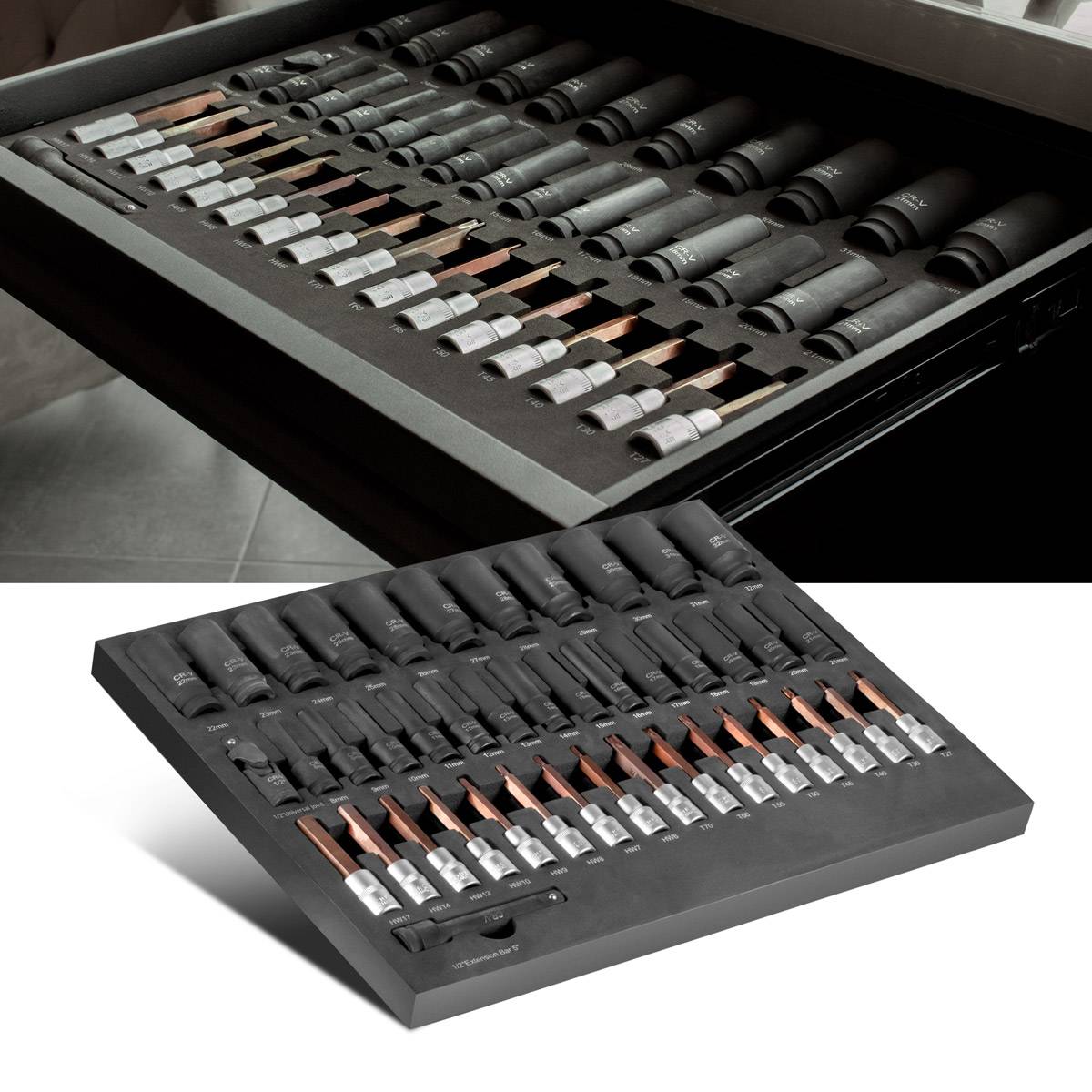Eine Schublade mit einem sorgfältig arrangierten Satz schwarzer und kupferfarbener Messer, die jeweils in ihrem eigenen Fach in einem eleganten Halter platziert sind.