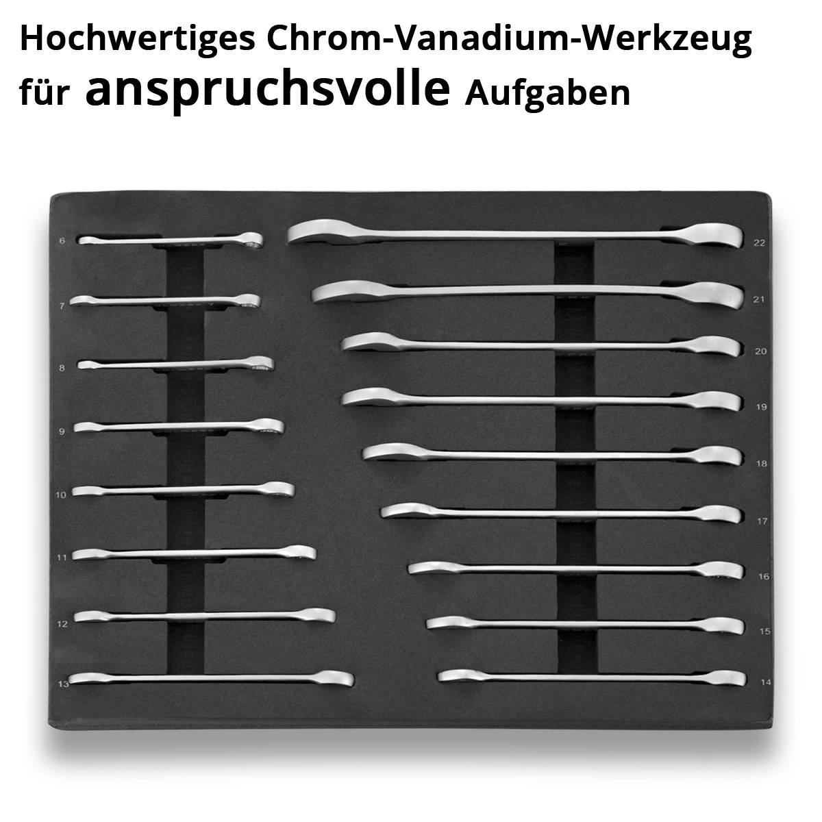Ein Set hochwertiger Chrom-Vanadium-Werkzeuge für anspruchsvolle Aufgaben, präsentiert auf einem schwarzen Hintergrund, mit verschiedenen Werkzeuggrößen ordentlich angeordnet.