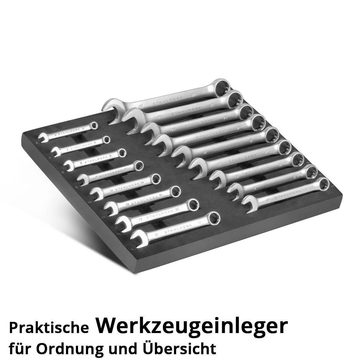 Ein Satz organisierter Schraubenschlüssel in einem schwarzen Halter. Text lautet: 'Praktische Werkzeugeinleger für Ordnung und Übersicht.