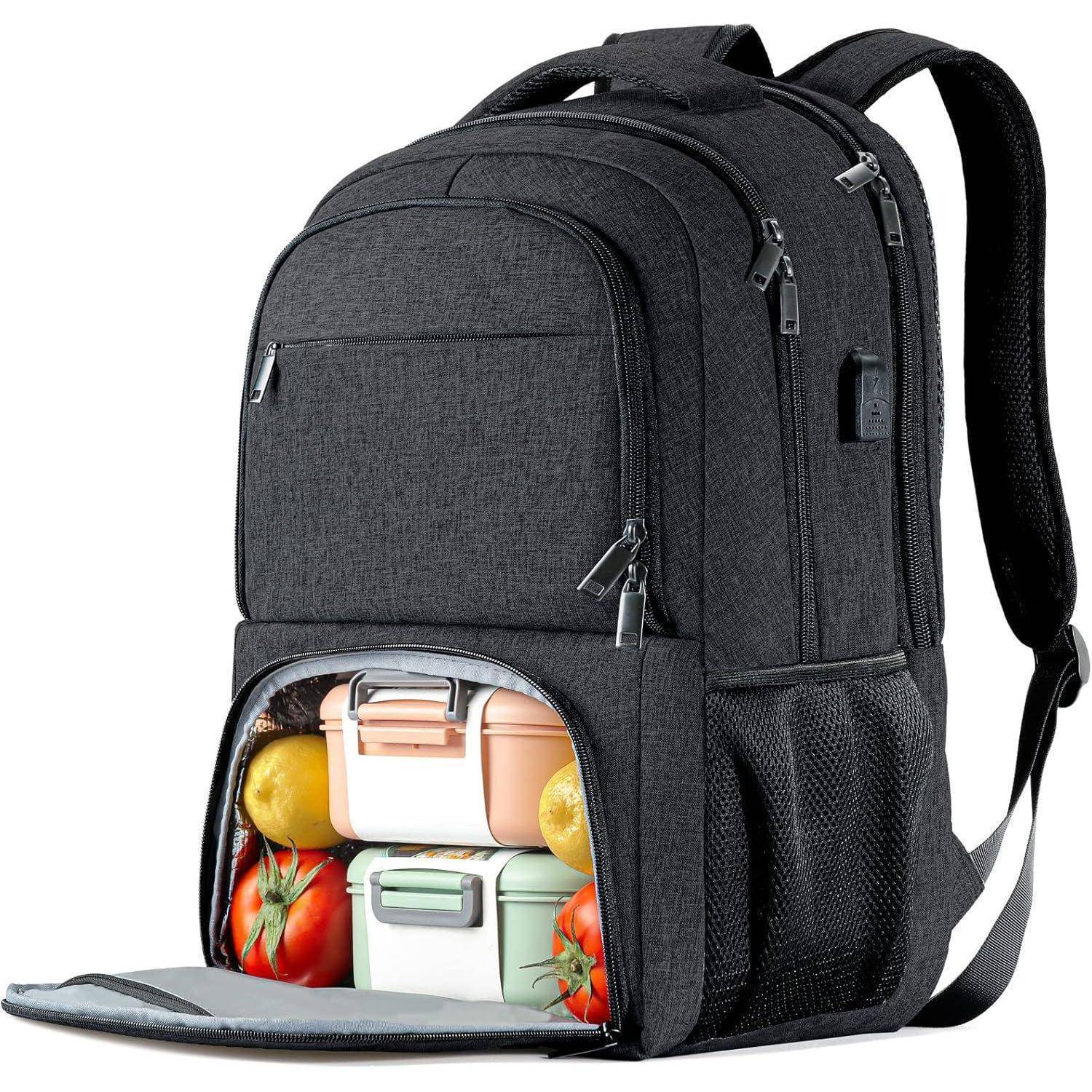 Ein schwarzer Rucksack mit mehreren Fächern, der einen unteren Abschnitt mit Früchten und zwei Lunchbehältern enthält und damit seine Stauraumkapazität veranschaulicht.