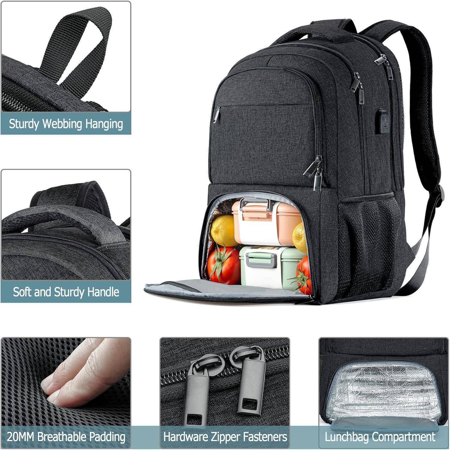 Ein schwarzer Rucksack mit einem Fach für die Brotdose, stabilem Griff, Schlaufen zum Aufhängen, atmungsaktiver Polsterung und Reißverschlüssen aus Metall.