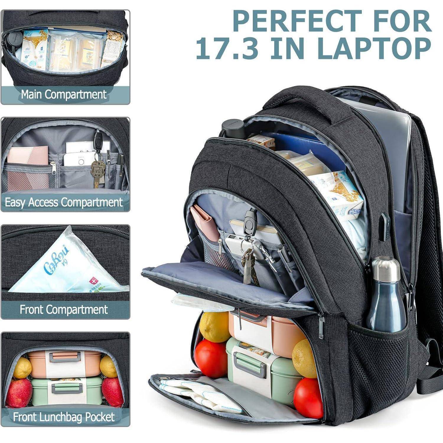 Schwarzer Rucksack mit mehreren Fächern, einschließlich Hauptfach, Schnellzugriffsfach, Vordertasche und isolierter Lunchtasche. Geeignet für Laptops bis 17,3 Zoll.