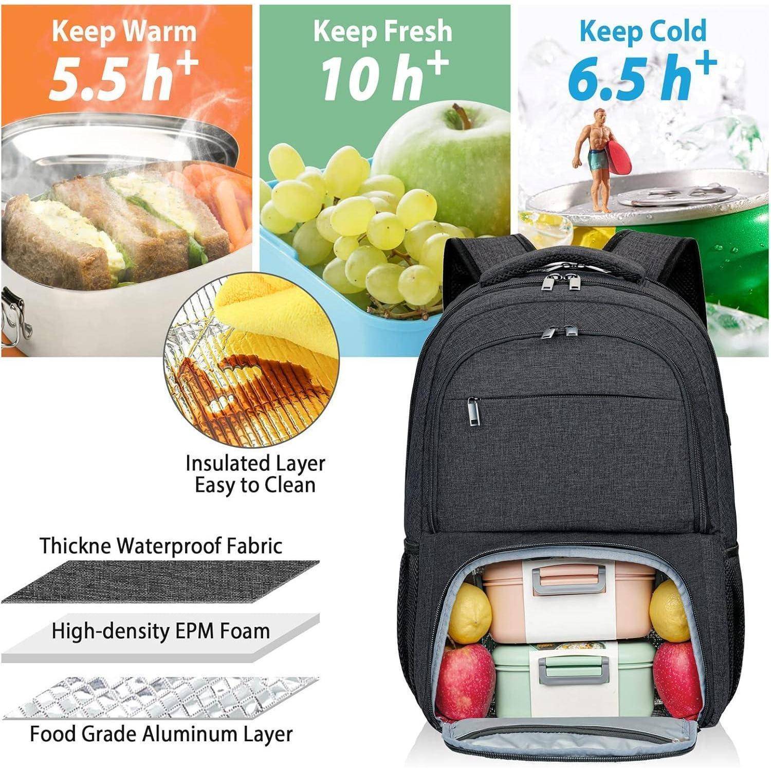 Ein grauer Rucksack mit hervorgehobener Lebensmittel-Lagerungskapazität. Text erklärt Isolierung: 'Warm halten 5,5h', 'Frisch halten 10h', 'Kalt halten 6,5h'. Merkmale: wasserdichter Stoff, EPM-Schaum, Aluminiumschicht.