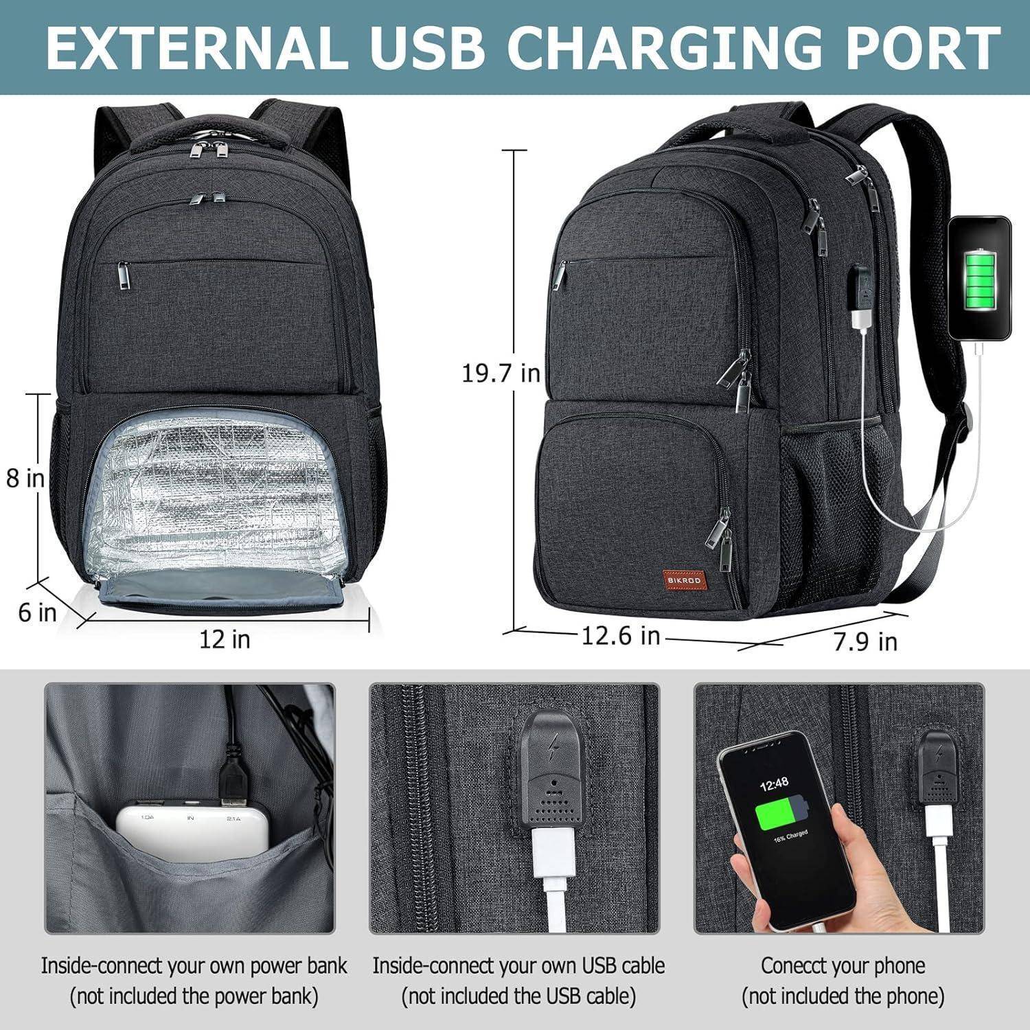Ein schwarzer Rucksack mit USB-Ladeanschluss, Maße angegeben: 12,6 Zoll breit, 7,9 Zoll tief, 19,7 Zoll hoch. USB-Nutzungsanleitung sichtbar.