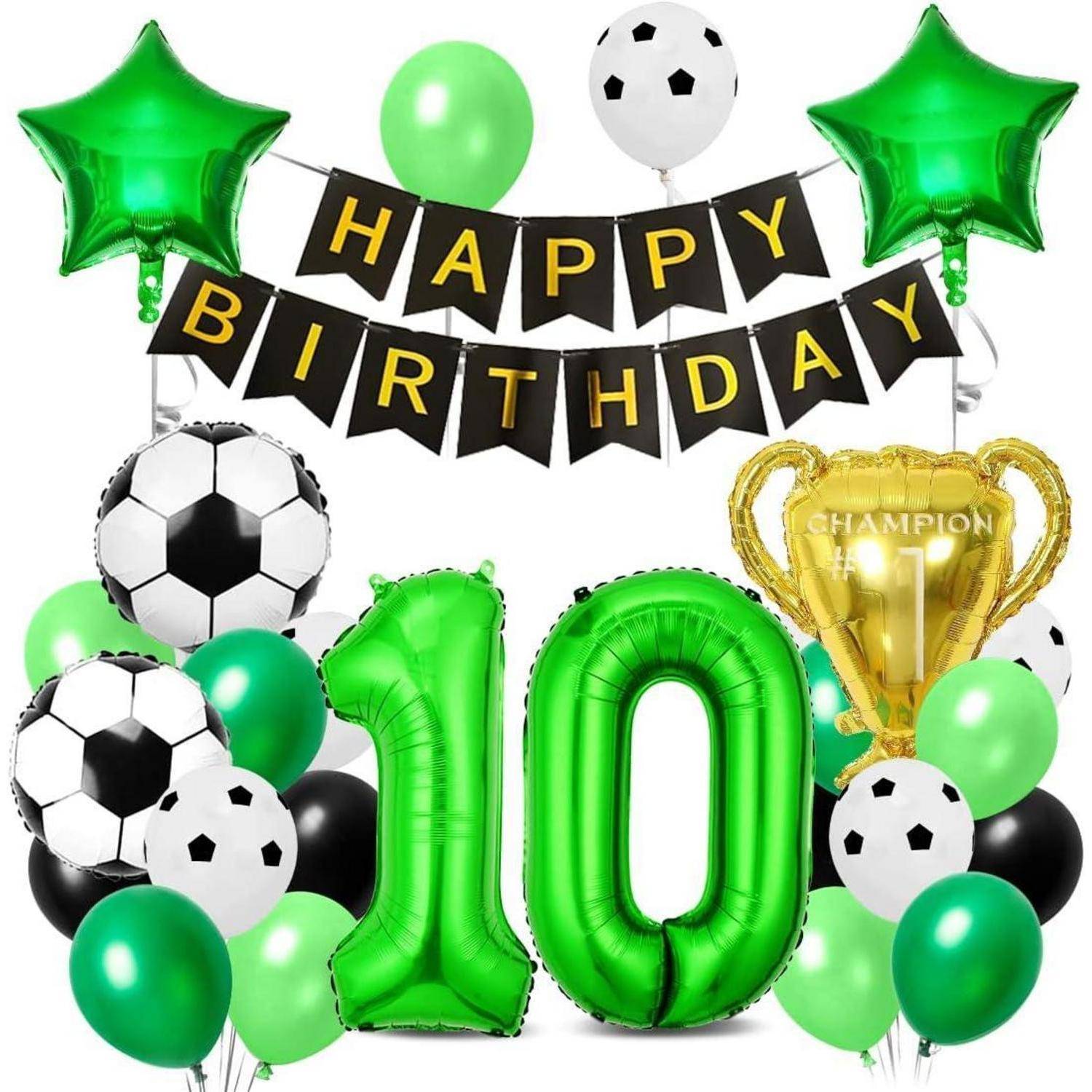 Fußball-Geburtstagsdekorationen für den 10. Geburtstag mit Luftballons in Form eines Fußballs, einer goldenen Trophäe und der Zahl 10.
