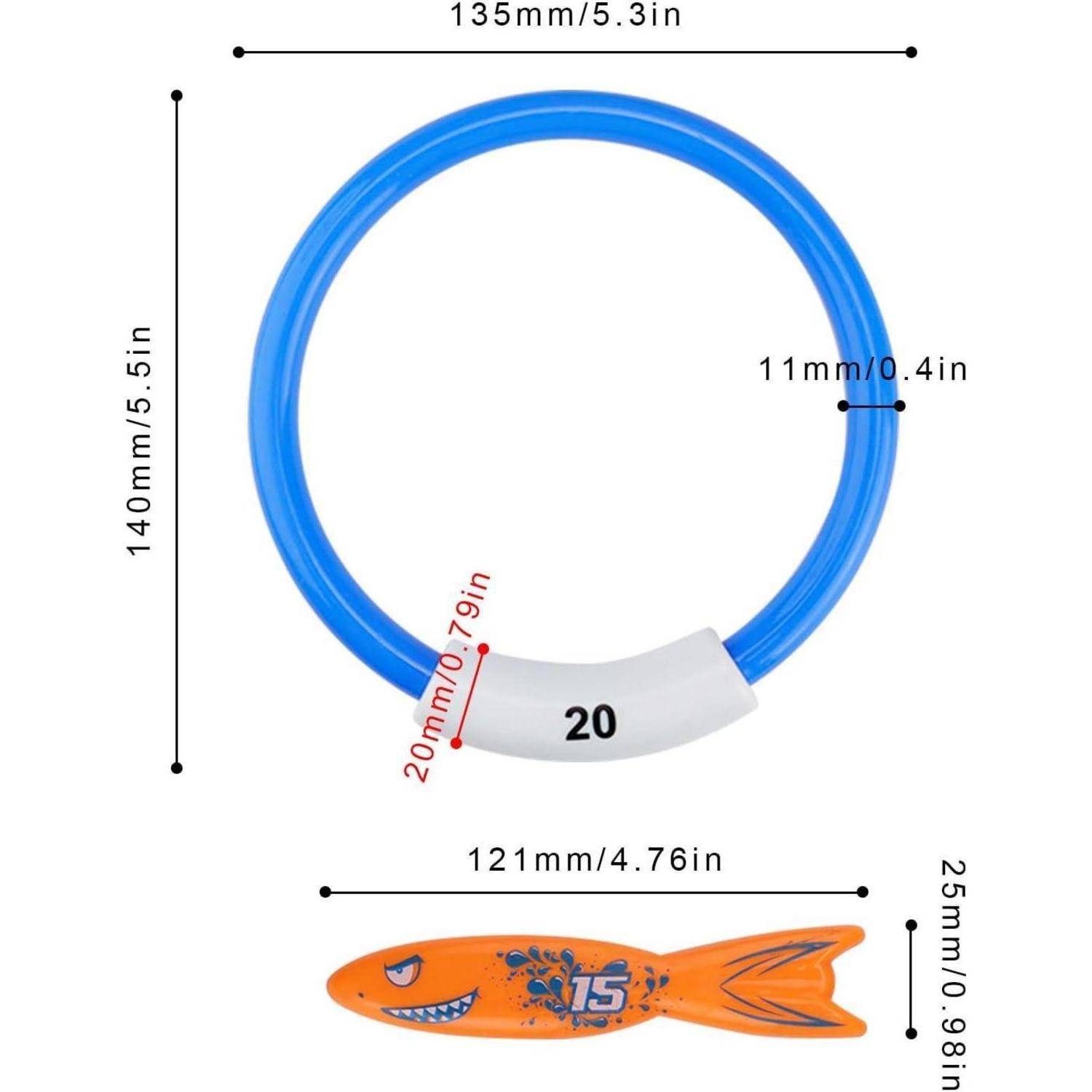 Ein blau-weißer Ring mit der Aufschrift '20' und ein orangefarbenes, fischförmiges Objekt mit der Aufschrift '15'. Messdetails sind enthalten.