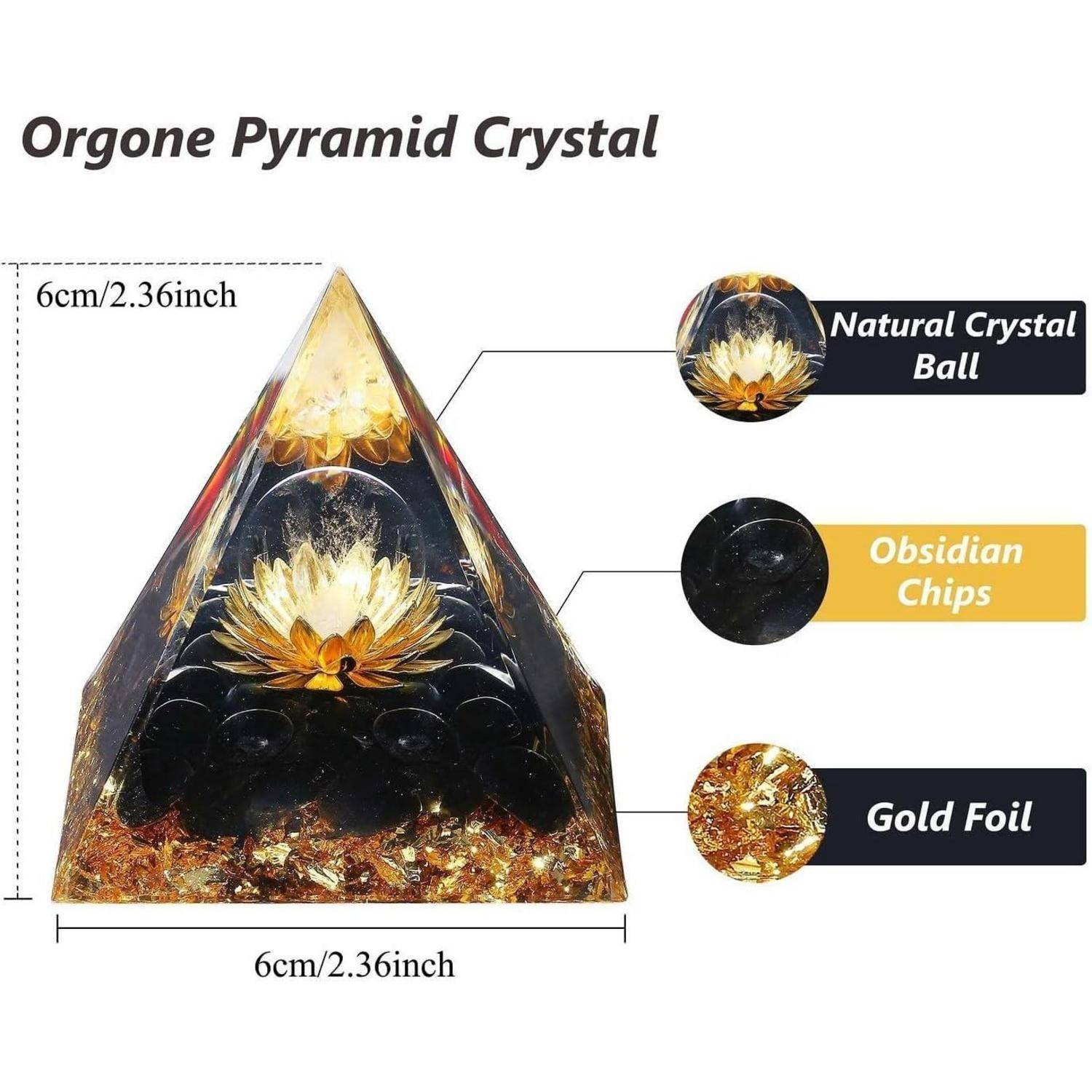 Orgon-Pyramide Kristall beschrieben: 6 cm Basis, enthält natürliche Kristallkugel, Obsidian-Splitter, Goldfolie; Komponenten separat gekennzeichnet.