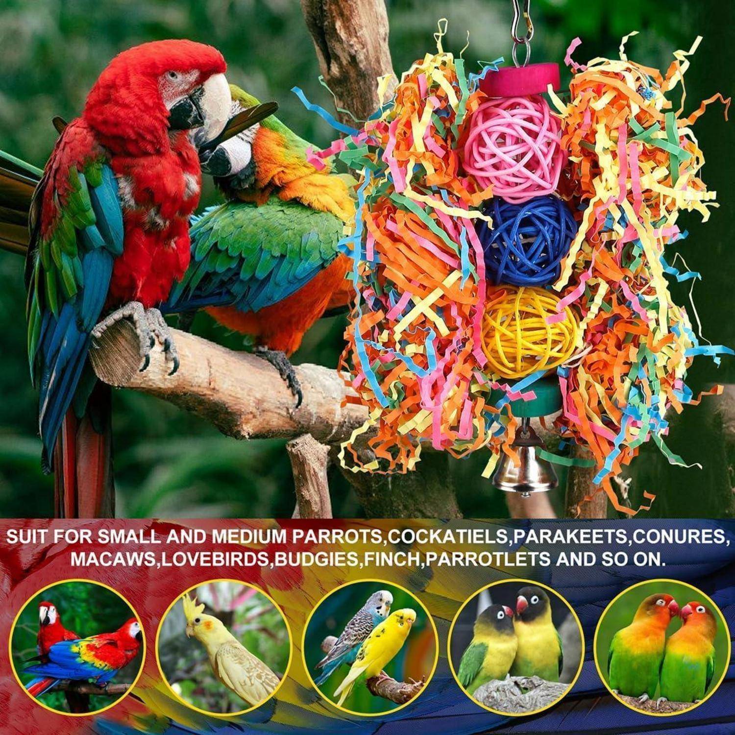 Ein buntes Vogel-Spielzeug aus zerrissenen Papierstreifen und Bällen, geeignet für Papageien wie Nymphensittiche, Ara, Sittiche und Wellensittiche.