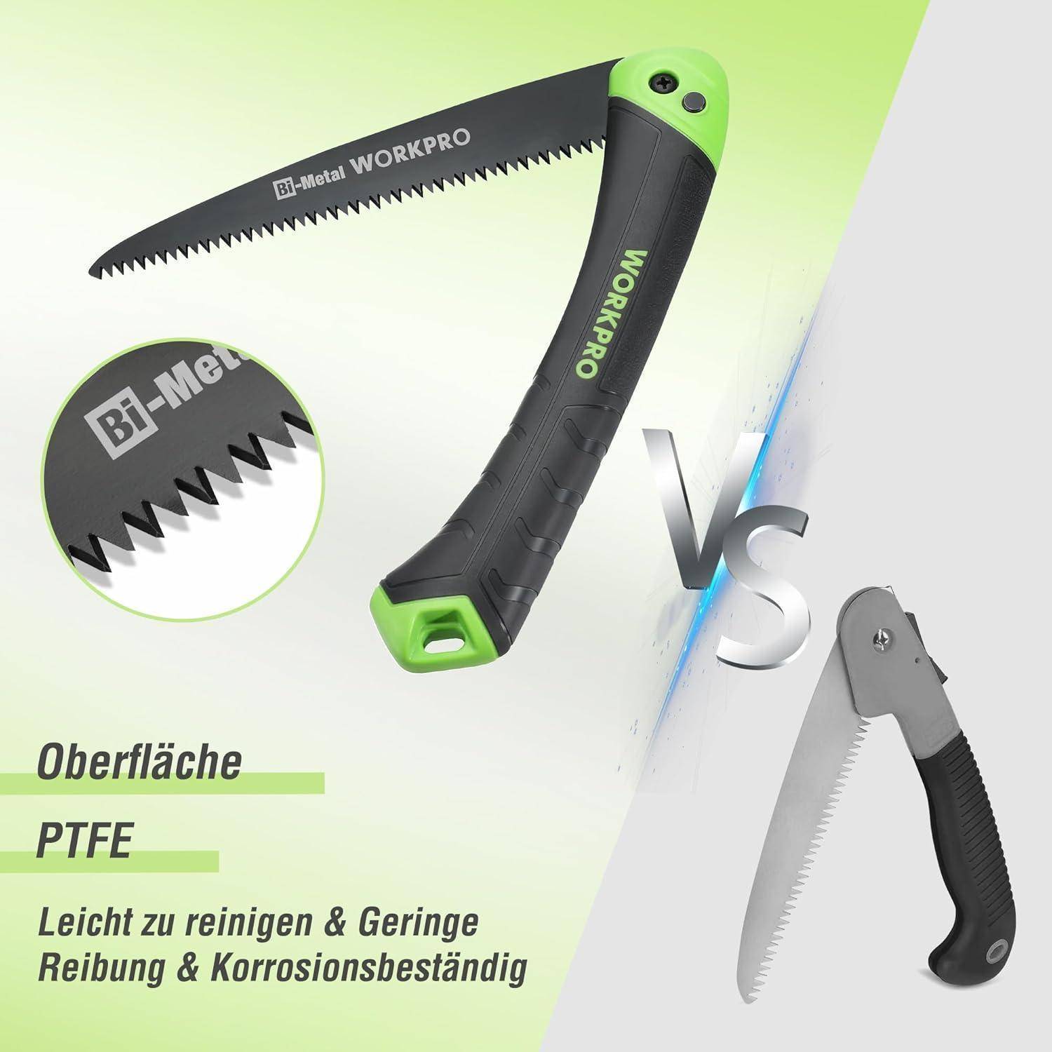 Eine faltbare Säge mit grünem und schwarzem Griff, mit dem Aufdruck 'WORKPRO', hebt ihre 'Bi-Metall'-Technologie hervor. Der deutsche Text verweist auf einfache Reinigung und Korrosionsbeständigkeit.