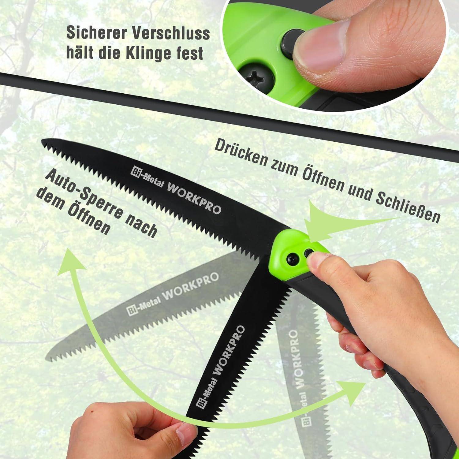 WORKPRO' Klappsaw mit sicherer Verriegelung hervorgehoben. Hände demonstrieren Öffnungs- und Schließbewegung. Hintergrund zeigt Vegetation.