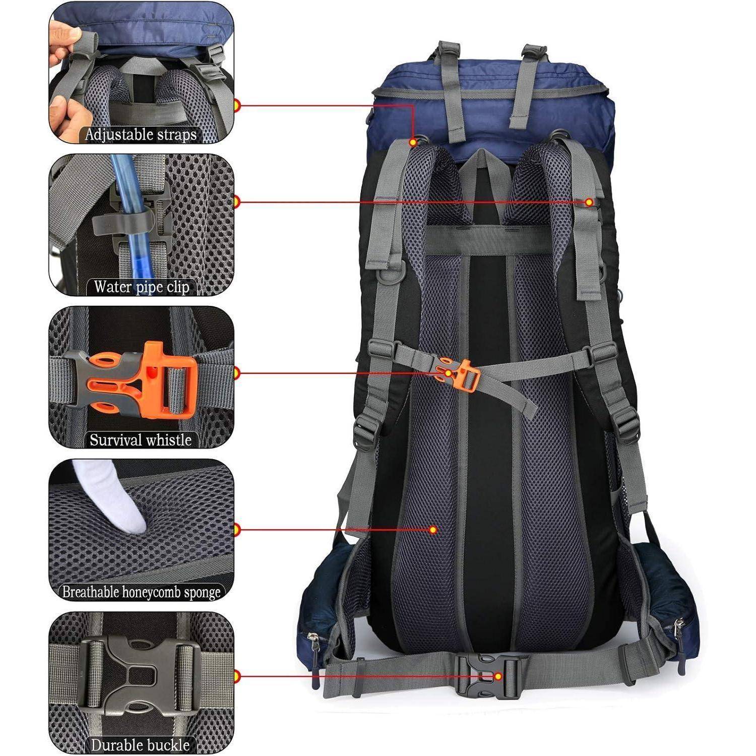 Ein Wanderrucksack mit gekennzeichneten Merkmalen: verstellbare Träger, Wasserrohrclip, Überlebens-Trillerpfeife, atmungsaktiver Wabenschwamm, robuste Schnalle.